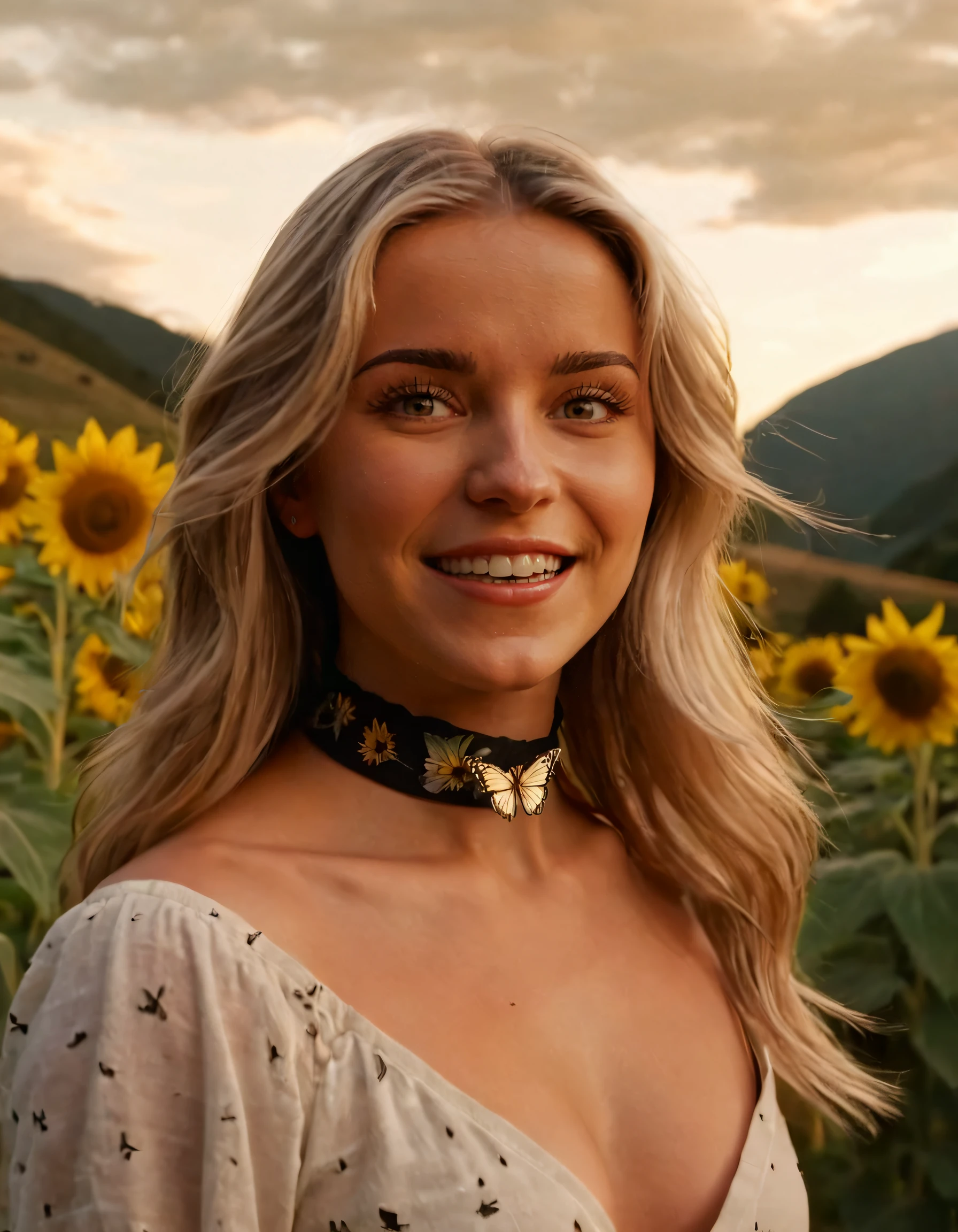 ((best quality)), ((masterpiece)), ((detailed)), Unparalleled, Mind-blowing, ((Elegant)), Landscape, Valley, Dale, Hollow,Dramatic lighting, Dynamic light, High contrast illumination, Intense lighting, Light trails,detailed background,mountain,clouds,sunflowers,sharp focus,((butterfly)), intricate texture,realistic, detailed facial features, highly detailed face,walking,1girl,smile,choker. In this unparalleled masterpiece, the breathtaking landscape of a majestic valley dotted with sunflowers and mountains painted with dramatic lighting and dynamic light, Liv Swearingen, a blonde beauty, stands with her long hair flowing, revealing an intricate texture and sharp focus on every detailed facial feature, from her elegant smile to the butterfly embroidered choker. Her eyes, gazing at you intently as she walks gracefully, are a blend of shades as they partake in this elaborate dance between brown and blonde hair, while her parted lips reveal an almost too realistic expression. The scene is then illuminated with high contrast illumination and intense lighting, creating light trails that add to the overall sense of intensity and detail, making it a timeless masterpiece for generations to come. <lora:zvyosl18e0205db86k11e:1>