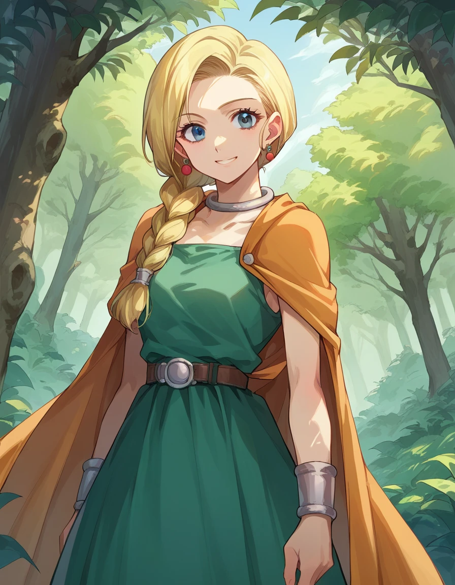 score_9, score_8_up, score_7_up, source_anime,
dqbianca, <lora:dq-bianca-ponyxl-lora-nochekaiser:1>,
bianca, blonde hair, blue eyes, braid, braided ponytail, long hair, smile,
belt, brown belt, cape, dress, earrings, jewelry, green dress,
outdoors, forest, nature,
looking at viewer, dutch angle, cowboy shot,