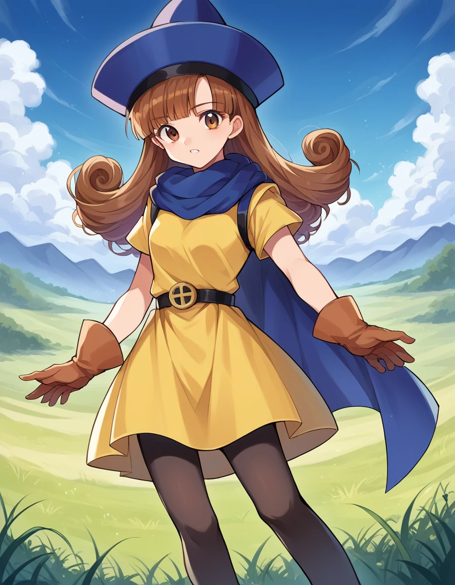 score_9, score_8_up, score_7_up, source_anime,
dqalena, <lora:dq-alena-ponyxl-lora-nochekaiser:1>,
alena, brown eyes, brown hair, curly hair, long hair,
cape, dress, gloves, hat, pantyhose, yellow dress, scarf, short sleeves,
outdoors, plains, grass,
looking at viewer, dutch angle, cowboy shot,