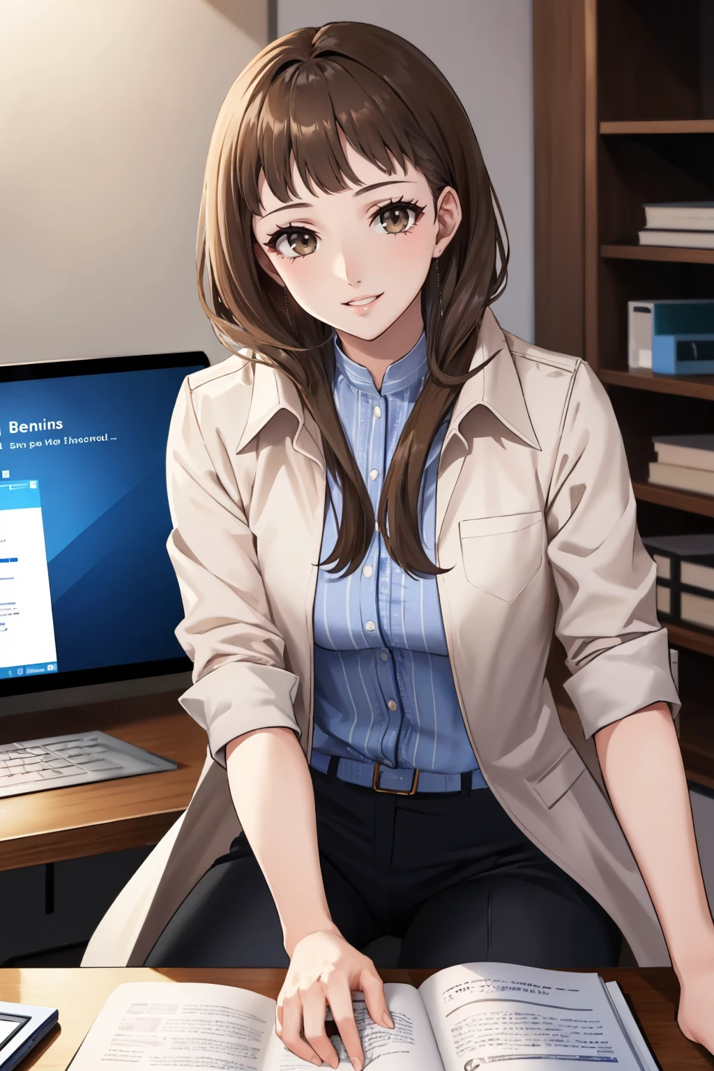 masterpiece, best quality, <lora:zs_Ichinose:1> ichinosep5s, long hair, brown hair, blunt bangs, coat, shirt, pants, earring, looking at viewer, smile, sitting, on computer