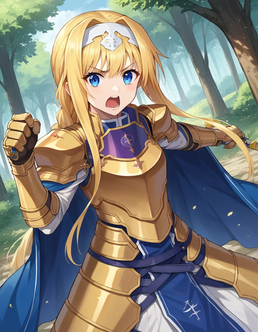 score_9, score_8_up, score_7_up, source_anime,
alicezuberg, <lora:alice-zuberg-ponyxl-lora-nochekaiser:1>,
alice zuberg, bangs, blue eyes, blonde hair, hair between eyes, very long hair, braid, hairband, white hairband, shouting, open mouth,
dress, cape, armor, blue dress, shoulder armor, gauntlets, pauldrons, breastplate, armored dress, faulds, blue cape, knight, gold armor, body armor,
outdoors, forest, nature, fighting stance, weapon, sword, holding weapon,
looking at viewer, dutch angle, cowboy shot,