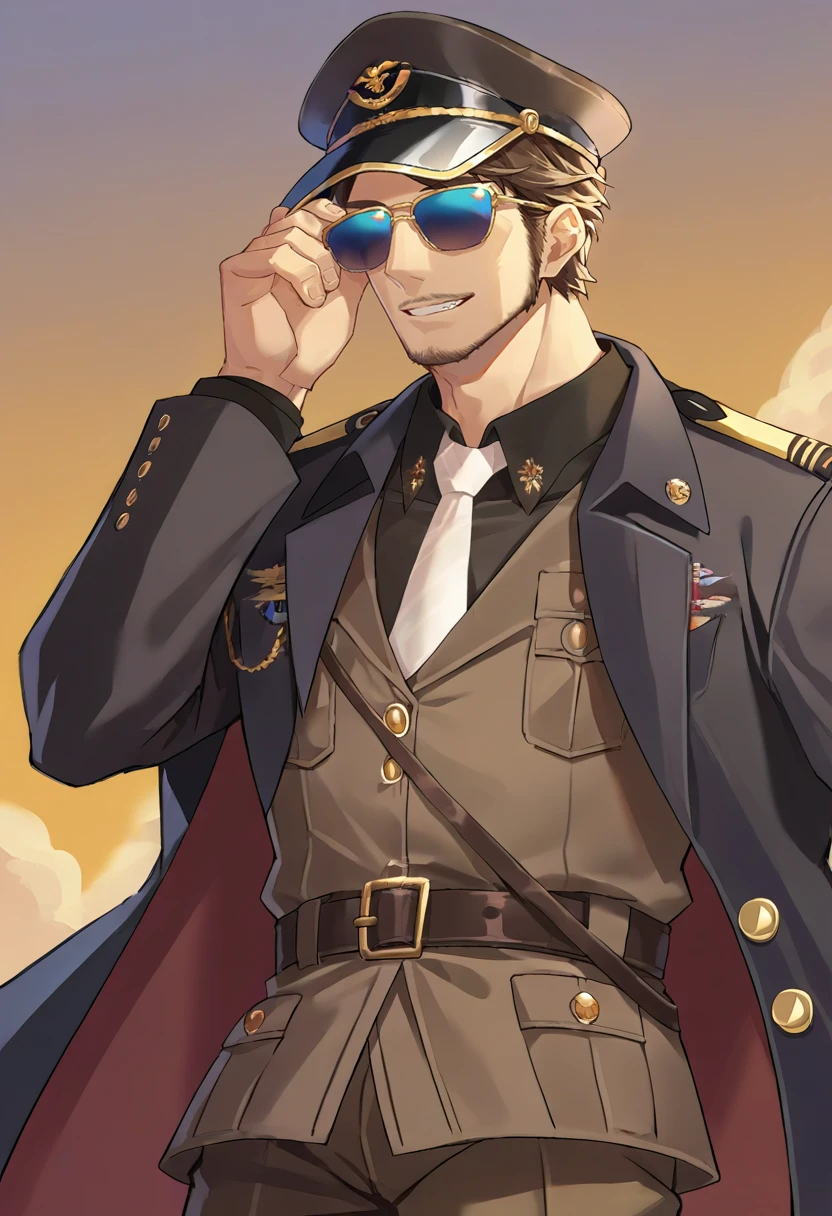 source_9,source_8_up,source_7_up,jeloandersen,solo,mature male,peaked cap,sunglasses,black coat,adjusting headwear,brown hair,blue eyes,facial hair,military uniform,brown jacket,white necktie,belt,brown pants,looking at viewer,light smile,teeth,<lora:Andersen-JeloXL:1>,