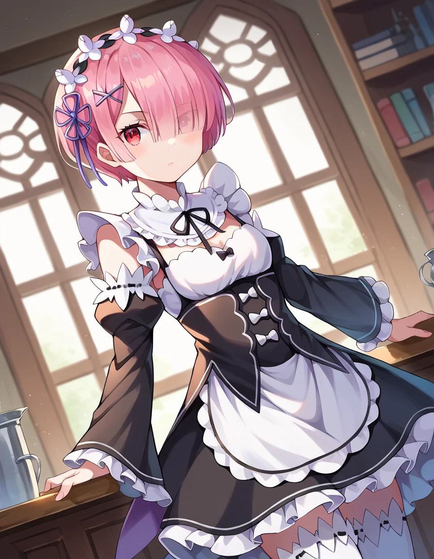 masterpiece, best quality, highres, ram1, 1girl, solo, ram \(re:zero\), pink hair, white thighhighs, short hair, red eyes, hair over one eye, ribbon trim, hair ribbon, x hair ornament, frills, maid headdress, waist apron, garter straps, black ribbon, small breasts, long sleeves, white apron, neck ribbon, purple ribbon, wide sleeves, hair flower, indoors, sitting, crossed legs,