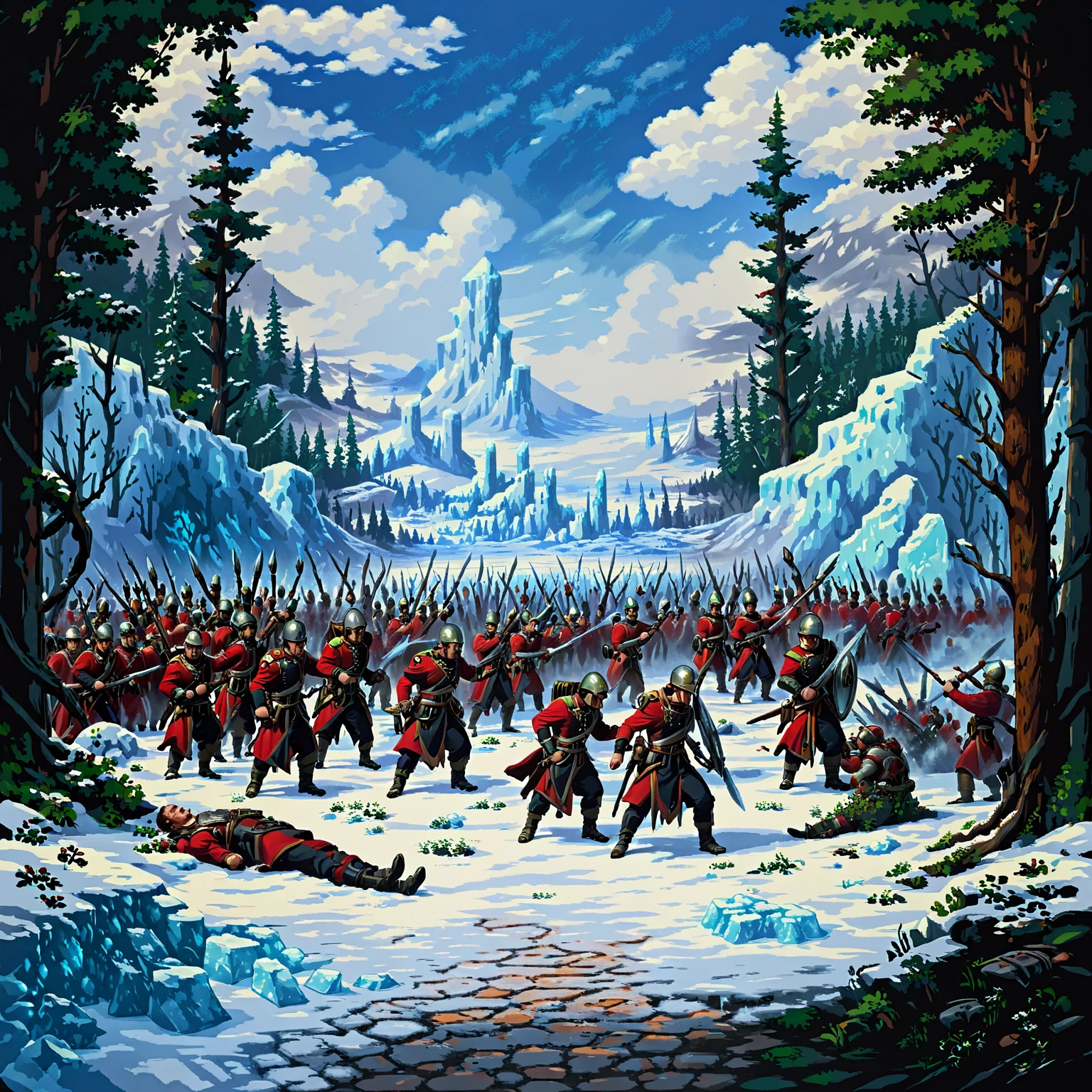 a large battle with soldiers, battle, crowd of soldiers, snow fields, ice, frozen forest
