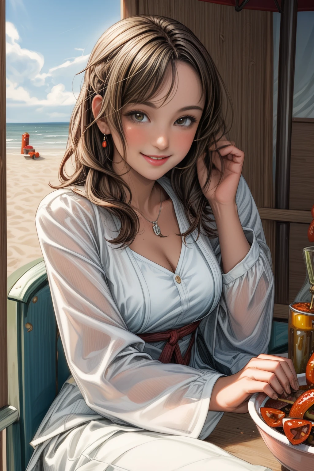 Best 8K image quality (masterpiece, picture quality descriptor) background spiral (background descriptor), cute girl playing piano on terrace (scene descriptor), expression smile (emoji descriptor + smile weight 1.1, shut up weight 1), big breasts, beautiful and detailed eyes, and flowing hairstyle (feature descriptor). Particularly nuanced (detailed descriptor), (NovaFrogStyle:1.2) (elemental descriptor). Beautiful sky (scene details), red nose features (feature descriptors). (Realistic: 1.37)