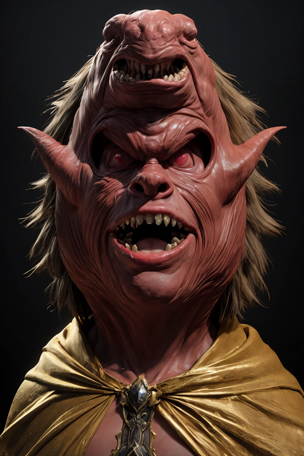 Monsters,no humans,simple background,black background,teeth,HDR,muscular,3d modeling,unreal engine rendering,high quality,highres,absurdres,incredibly absurdres,huge filesize,stand,a solid colored background,modeling,zbrush,<lora:more_details:0.7>,dark background,sharp gaze,fere selvaggie,ultra high definition texture,optimize texture,game effects,wearing a cloak,a dim gaze,armed with weapons,exquisite facial features,<lora:zbrush-000014:0.6>,