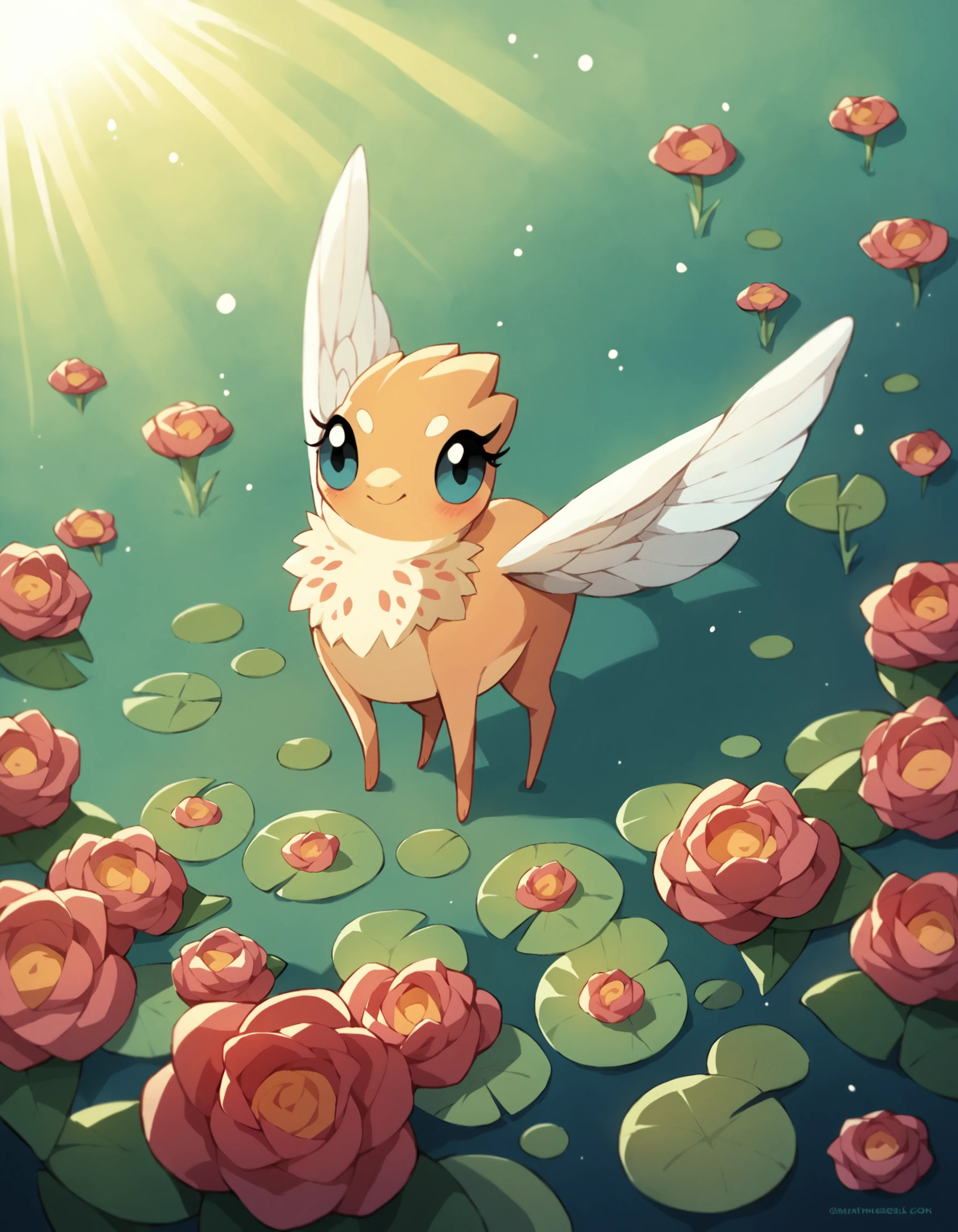 rating_safe, score_9, fluffy, a child , a little pegasus pony with spread wings. She had white skin, Moss green mane, long mane,a happy smile, and innocent and clear golden eyes. happily,Childlike innocence。only 2 wings。She is a spiritually curious child。spread wings