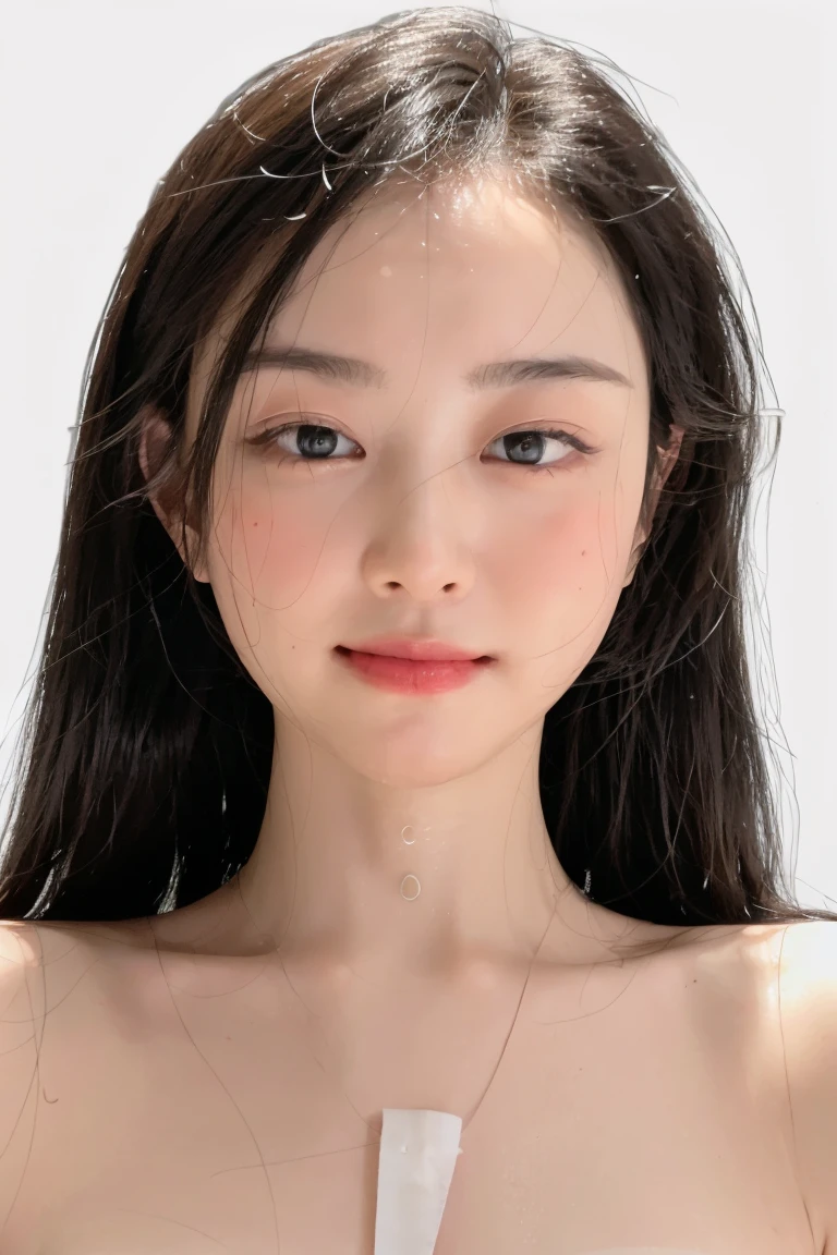(masterpiece, top quality, best quality, (close-up photograph: 2), ((1girl)), korean, fair skin, (extremely detailed face), ((looking at viewer)), ((((ultra-detailed eyes and pupils)))),((((ultra-detailed lips)))) cheekbone, plump cheeks, ((bare pectorals)), ((bare chest)), ((tube dress)), bare head, ((bare shoulders)), symmetrical frame, (((strapless))), ((closed lips)), (((smile))), ((symmetrical pose)), (symmetrical face: 1.6), 35mm, ((((minimal plain white background)))), ((no lighting)), long hair, no watermark, ((medium hair)), <lora:zuogongzi:0.7>