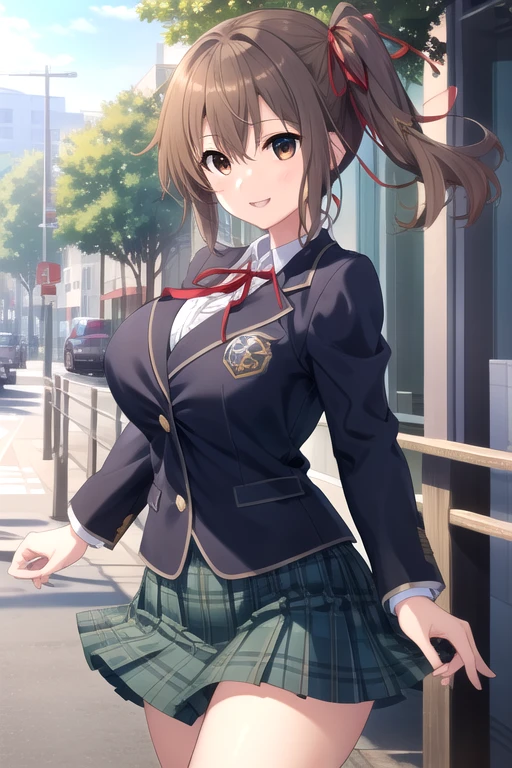((masterpiece)),(best quality),official art,extremely detailed CG,unity 8k wallpaper,ultra detailed,beautiful detailed eyes,extremely detailed face,outdoors,1girl,solo,cowboy shot,looking at viewer,facing viewer,smile,Ichinose Yui,short hair,brown hair,hair ribbon,side ponytail,floating hair,hair intakes,hair between eyes,brown eyes,school uniform,blazer,blue jacket,wing collar,collared shirt,white shirt,neck ribbon,red ribbon,long sleeves,large breasts,miniskirt,green skirt,plaid skirt,pleated skirt,zettai ryouiki,black thighhighs,loafers<lora:Ichinose Yui(ls):0.8>,
