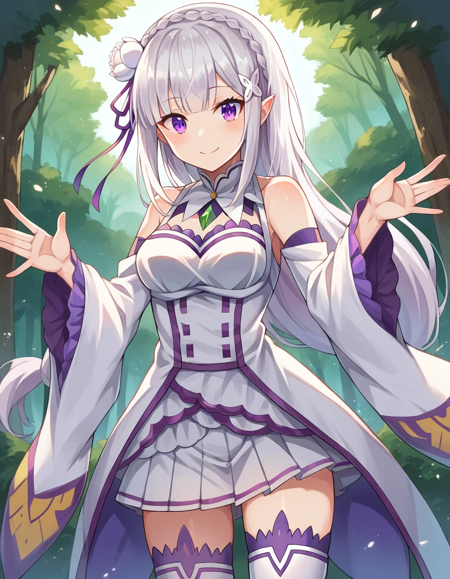 score_9, score_8_up, score_7_up, source_anime,
rezeroemilia, <lora:rezero-emilia-ponyxl-lora-nochekaiser:1>,
emilia, braid, crown braid, flower, hair flower, hair ornament, hair ribbon, long hair, pointy ears, purple eyes, white hair, x hair ornament, smile,
detached collar, detached sleeves, frilled sleeves, frills, long sleeves, miniskirt, pleated skirt, ribbon, skirt, thighhighs, white skirt, white sleeves, white thighhighs, wide sleeves, zettai ryouiki,
outdoors, forest, nature, village,
looking at viewer, dutch angle, cowboy shot,