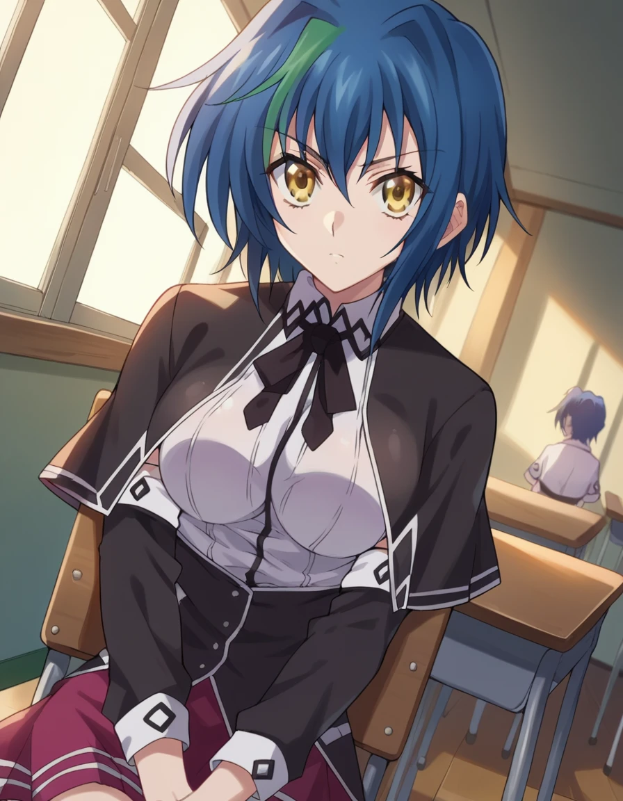 score_9, score_8_up, score_7_up, source_anime,
xenoviaquarta, <lora:dxd-xenovia-quarta-ponyxl-lora-nochekaiser:1>,
xenovia quarta, short hair, blue hair, yellow eyes, multicolored hair, green hair, two-tone hair, streaked hair,
shirt, ribbon, school uniform, white shirt, black ribbon, neck ribbon, capelet, black capelet, long sleeves, skirt, red skirt,
indoors, classroom, sitting, desk, chair,
looking at viewer, dutch angle, cowboy shot,