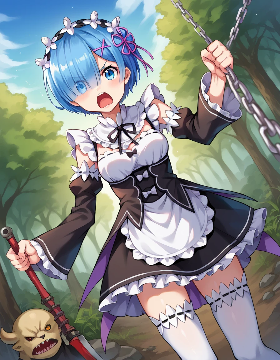 score_9, score_8_up, score_7_up, source_anime,
rezerorem, <lora:rezero-rem-ponyxl-lora-nochekaiser:1>,
rem, blue eyes, blue hair, hair ornament, hair over one eye, hair ribbon, short hair, x hair ornament,
apron, black ribbon, black skirt, black sleeves, detached collar, detached sleeves, flower, frilled apron, frilled skirt, frills, head wreath, long sleeves, maid, miniskirt, neck ribbon, purple ribbon, ribbon, ribbon trim, ribbon-trimmed sleeves, roswaal mansion maid uniform, short hair, skirt, thighhighs, waist apron, white apron, white thighhighs,
outdoors, nature, forest, fighting stance, weapon, holding weapon, horn, shouting, open mouth, angry, anger vein, chain, ball and chain (weapon\),
looking at viewer, dutch angle, cowboy shot,
