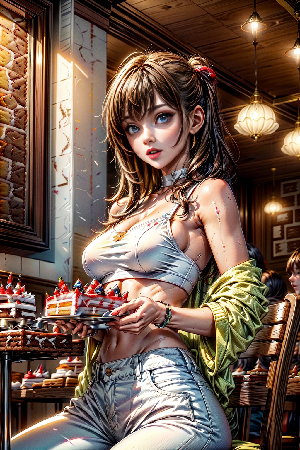 <lora:CakeWorld:1.0> (CakeWorld:1.1) (1girl:1.1) (sexy white pants and yellow top:1.2) (in a restaurant eating :1.3) max quality, ultra-detailed, masterpiece. <lora:more_details:1.0>