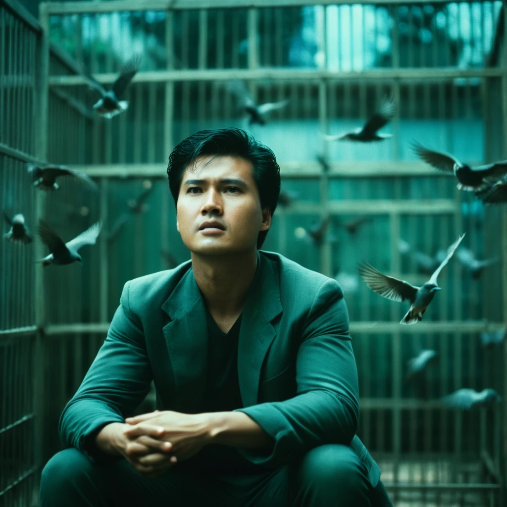 cinematic film still of <lora:Hong Kong action cinema style:1>
In the 1980's In Hong Kong China a man sitting in a cage with birds flying around,solo,black hair,1boy,male focus,outdoors,blurry,depth of field,bird,motion blur,Asian,cinematic,action-themed,violence,aim,aiming,pointing,Kodak,Film style,movie style,film grain,film contrast,action packed,serious,stunt,Hong Kong action cinema style,Asian,cinematic,action-themed,violence,aim,aiming,pointing,Kodak,Film style,movie style,film grain,film contrast,action packed,serious,stunt,Hong Kong action cinema style, shallow depth of field, vignette, highly detailed, high budget, bokeh, cinemascope, moody, epic, gorgeous, film grain, grainy