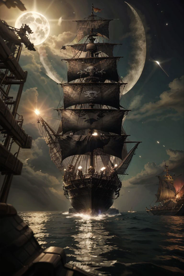 a massive (pirate warship with dark sails) traveling at high speeds BREAK
on the ocean surface with clear waters BREAK
at night time, godrays, lens flare, moonlight, intrincate details, sharp focus