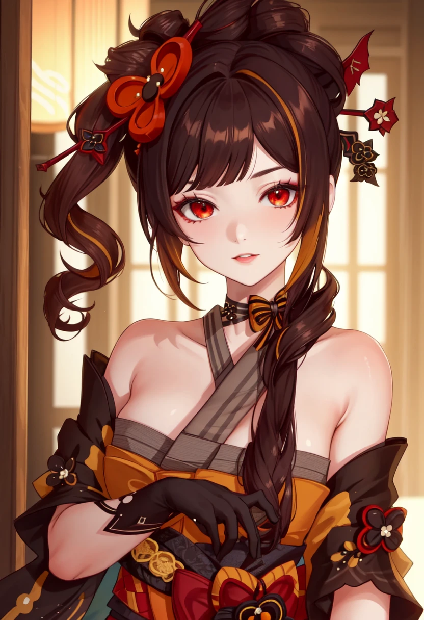 best quality,masterpiece,highres,solo,<lora:genshin_107_v1:1>,1girl,black_gloves,brown_hair,chiori_\(genshin_impact\),grey_kimono,hair_stick,highres,long_hair,looking_at_viewer,red_eyes,ribbon_choker,sidelocks,solo,two-tone_hair,upper_body,