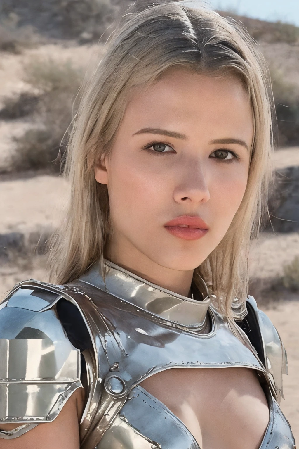 <lora:str4wb3rry:0.9> str4wb3rry woman, upper body, desert, portrait, star wars, body armor, blonde hair, armor pants, cleavage, medium close-up