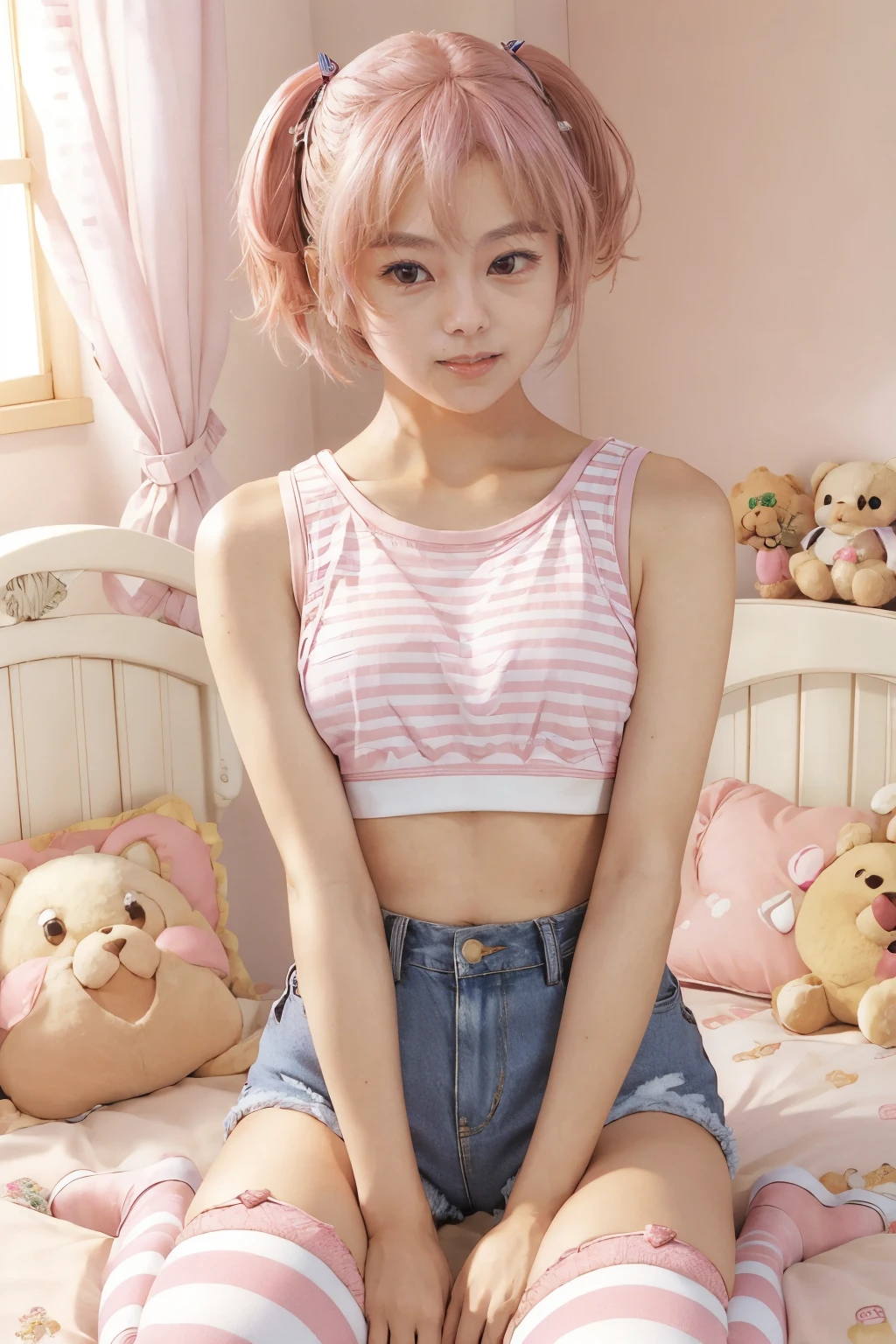 (masterpiece:1.2),(best quality), 1girl, pink hair, crop top, denim shorts, bedroom, striped thighhighs, cute,
<lora:yasukosawaguchilora:1>yasukosawaguchilora