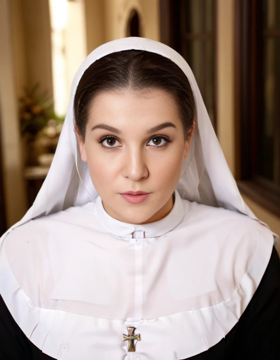 cinematic film still teralink as a nun <lora:teralink:1.0> . shallow depth of field, vignette, highly detailed, high budget, bokeh, cinemascope, moody, epic, gorgeous, film grain, grainy