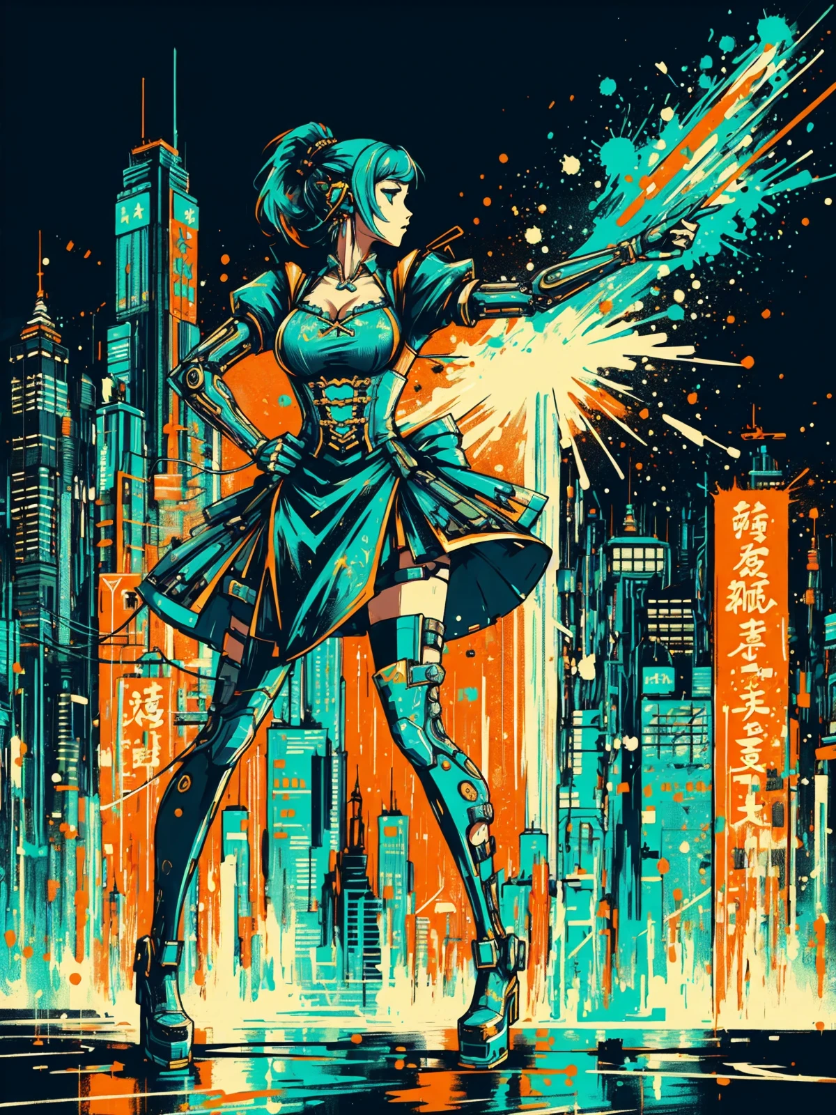 cyberpunk woman in a dirndl, mad-cbrpnksplshrt, dynamic pose, Standing tall pose, outrun, paint splash<lora:Splash_Art_SD1.5:0.8>, (masterpiece:1.2), best quality, (hyperdetailed, highest detailed:1.2), high resolution textures