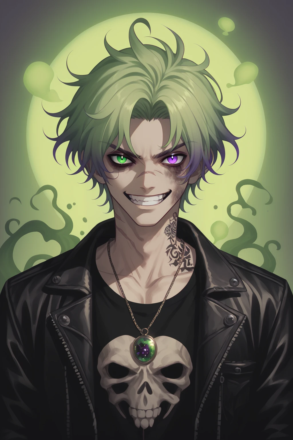 score_9, score_8_up, score_7_up, score_6_up, score_5_up, score_4_up, 1boy, male_focus, solo, heterochromia, purple_eyes, green_eyes, gradient_hair, multicolored_hair, black_hair, purple_hair, green_hair, dirty_face, scars, short_hair, fluffy_hair, jewelry, open_clothes, jacket, necklace, open_jacket, black_jacket, shirt, crop_top, tattoo, pendant, leather, leather_jacket, looking_at_viewer, wide_grin, open_mouth, :D, magic, poltergeist_vibes, horror_vibes, ghost_vibes, cinematic_angle, cinematic_lighting, detailed_design, intricate_design, elaborate_design, highly_detailed, detailed_vector_art