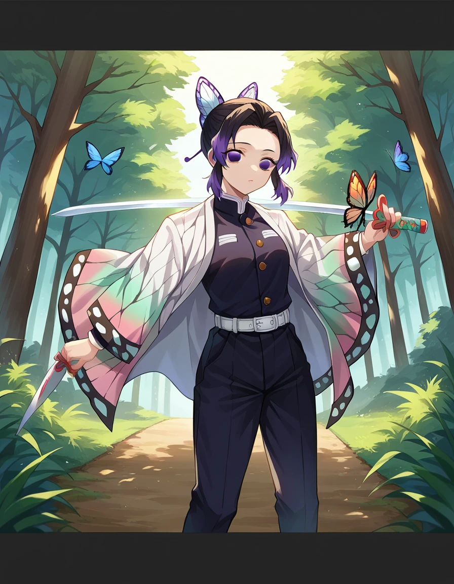 score_9, score_8_up, score_7_up, source_anime,
shinobukochou, <lora:shinobu-kochou-ponyxl-lora-nochekaiser:1>,
shinobu kochou, animal print, black hair, butterfly, butterfly hair ornament, butterfly print, forehead, gradient hair, hair ornament, haori, multicolored hair, parted bangs, purple hair, short hair, two-tone hair,
belt, black pants, butterfly print, coat, demon slayer uniform, haori, japanese clothes, pants, uniform,
outdoors, forest, nature, sword, holding weapon, holding sword, weapon, fighting stance,
looking at viewer, dutch angle, cowboy shot,