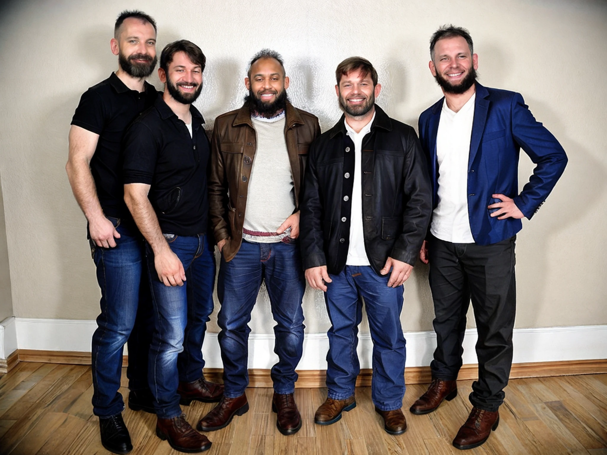 5 men, a photo of five men with different faces and different hairstyles and they are wearing the same clothes,handsome, wearing shirt
jeans, looking at viewer, boots, standing, bangs, jacket, smile, long sleeves, socks,facial beard <lora:five women_V2:0.7> <lora:man and woman_V1:0.6> chest muscle