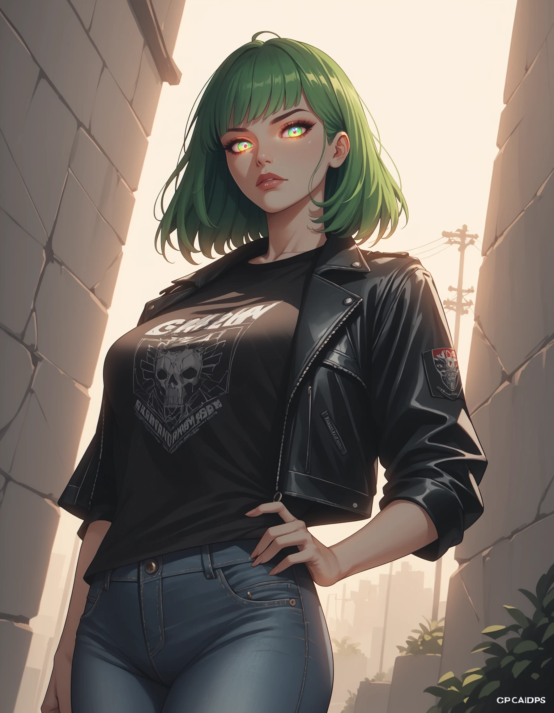 score_9, score_8_up, score_7_up, score_6_up, score_5_up, score_4_up, 1girl, solo, detailed holographic rainbow eyes, red and green hair, leather jacket, wearing a tshirt, wearing jeans, medium breasts, voluptuous, dynamic angle, looking at viewer, outdoors, rear lighting, backlit, spotlight, cop cars flashing, OH LORD SHE RUNNIN!