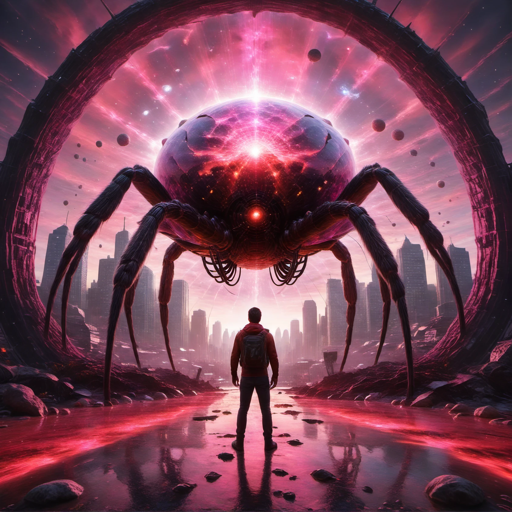 Space_In_Shell, psychodelic,in a space, man standing next to a giant spider monster, city background, a portal to another dimension in the background, red colors palette