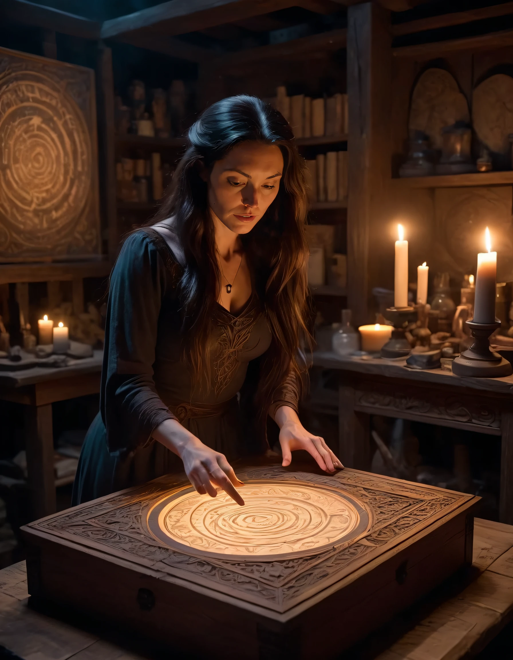 Masterpiece (wide angle shot) , sorceress crafting an incantation, (creating a little magic world in a box:1.6), standing on an old carved table in a mage laboratory. (night ambiance:1.6), dark brooding magic look, fantastic view. swirling ink. Nikki Delventhal, a sorceress with black hair and long hair, brown eyes, and female focus, stands on an ancient, intricately carved table in her mage laboratory. As she gazes intently at the wide angle scene of a masterpiece unfolding before her, she performs an incantation to create a little magic world in a box, causing swirling ink to dance around with fantastic views and a dark brooding magic look while the night ambiance sets the perfect mood for the enchanting display. <lora:msxwli18e0188b2ady285:1>