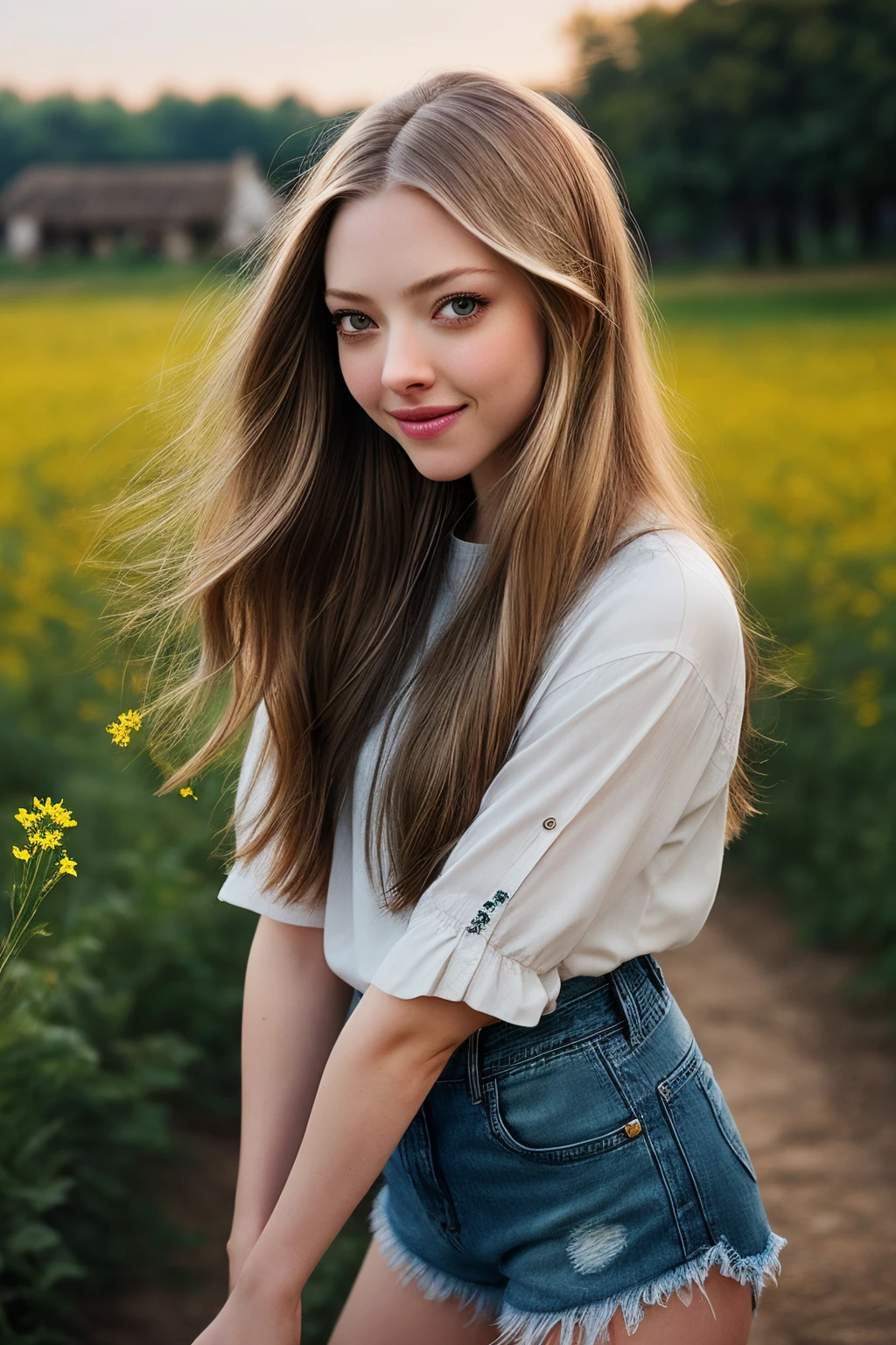 AmandaS_SoloTI_v1, PA7_Portrait-MCU,(smile), A lively and attractive girl with chestnut hair that flows like a river and captivating honey-colored eyes that sparkle like stars, (A rustic peasant blouse, paired with embroidered denim shorts and worn-out boots, for an earthy and folk-inspired style:1.1), ((In a quaint countryside village, with blooming wildflowers and the sound of acoustic guitars, as stories are shared and melodies are woven:1.2)), (seductive), photorealistic, masterpiece, high quality, artistic, unique, award winning photograph, professional, 8k, RAW photo, best quality,flattering, (cinematic:1.3) shallow DOF, depth of field,sharp focus, <lora:add_detail:0.6>,<lora:LowRa:0.3>