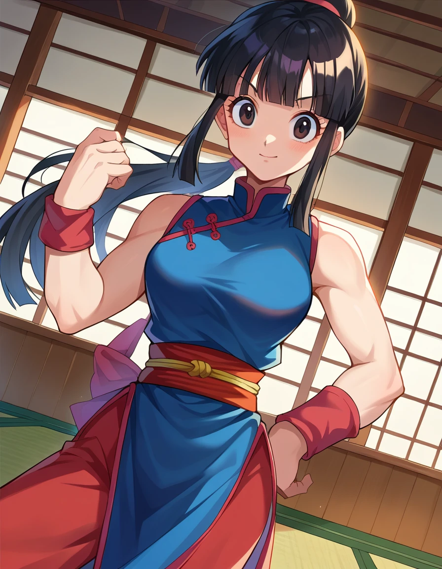 masterpiece, best quality, highres, dragon ball, bbchichi, (low ponytail:1.1), black eyes, chinese clothes, blue dress, sleeveless, wristband, sash, <lora:chi-chi_v1:0.6>, waving, smile, indoors,