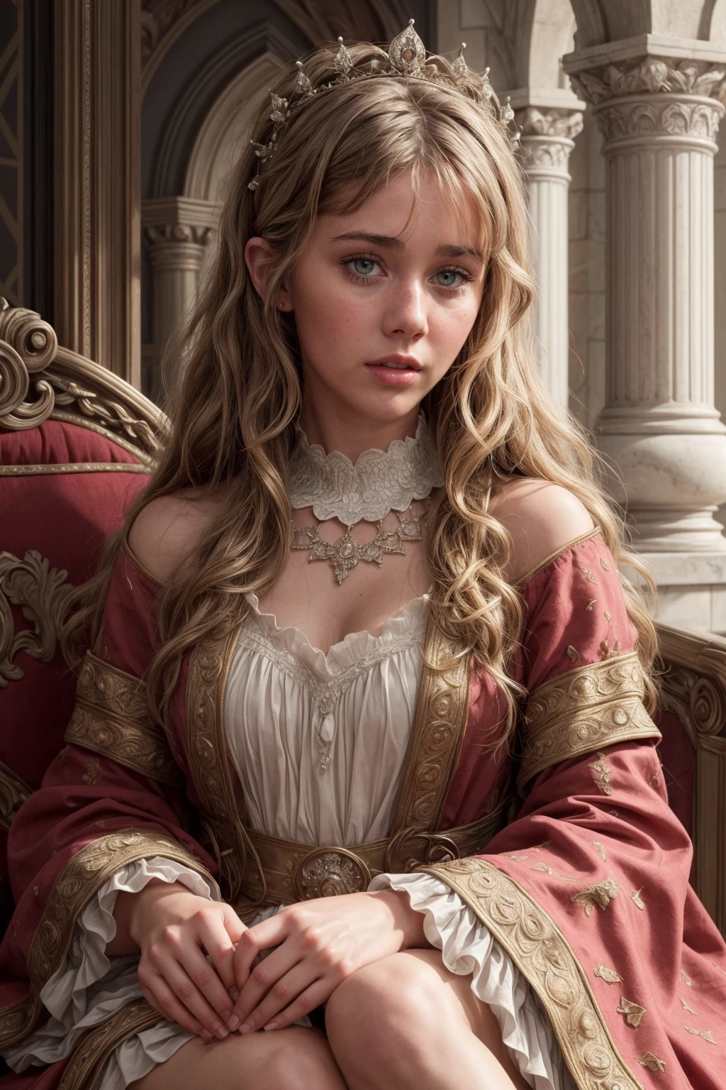 1400s, candid photo of young susanhmnwy as a high-nobility princess, wearing (opulent gown) with intricate jewelry, head accessories, posing for a portrait in front of a throne room in her medieval castle, close-up,
perfect hands, (masterpiece, photorealistic:1.2), high quality, intricate details, highly detailed background, 8k, vivid colors, rich, extravagant, exquisite, Ultra-HD-details, (lively-looks), rembrandt lighting,
<lora:add_detail:0.8>