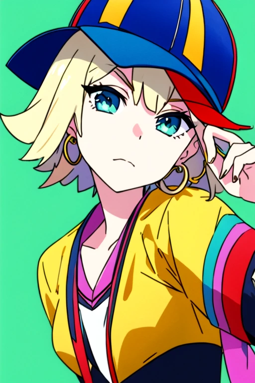 masterpiece, best quality, illustration, 1girl, aqua eyes, baseball cap, blonde hair, closed mouth, earrings, green background, hat, hoop earrings, jewelry, looking at viewer, shirt, short hair, simple background, solo, upper body, yellow shirt, solo, looking at viewer, , , (watercolor illustration, soft pastel colors:1.1), , feudal japan, Blu-ray, <lora:kill_la_kill_style:0.82>, kill_la_kill_style