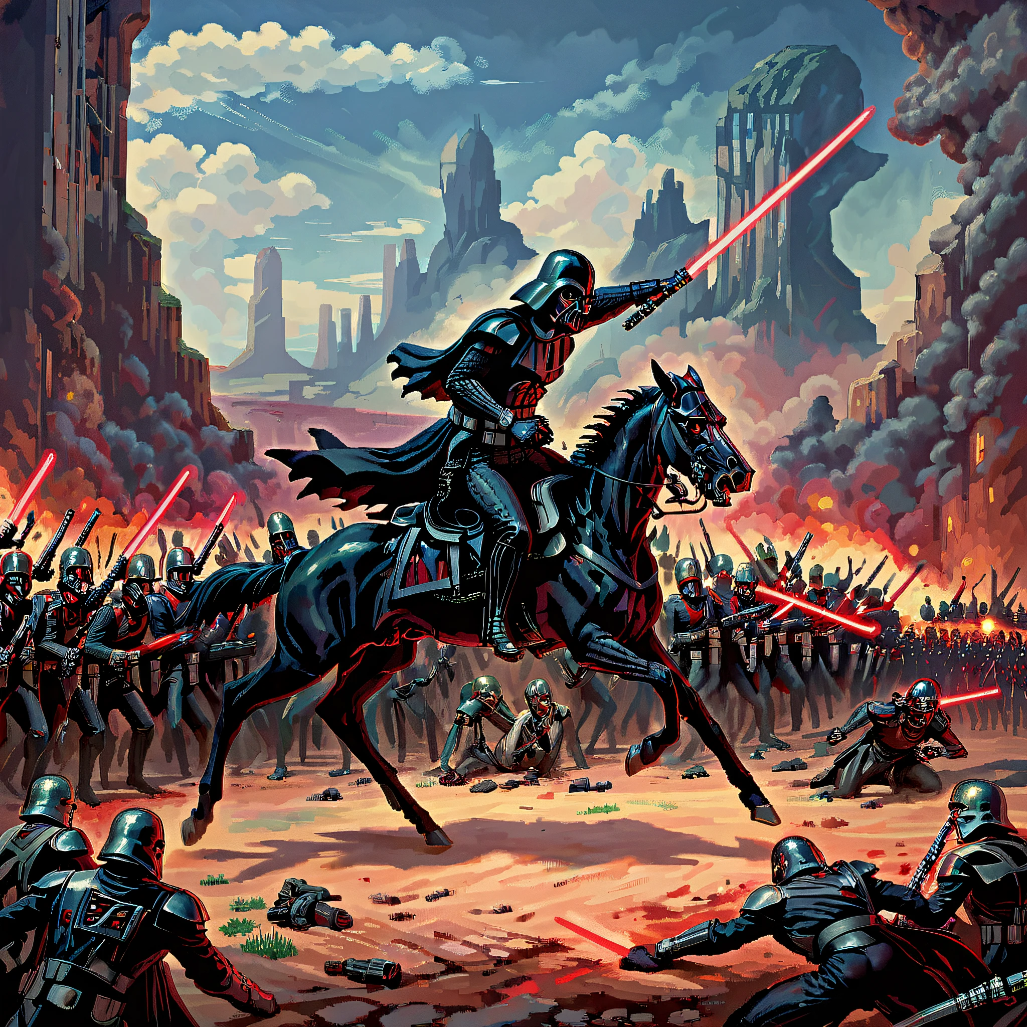 a large battle with Darth Vader on a horses charging, battle, crowd of soldiers, red lightsaber, dark side,