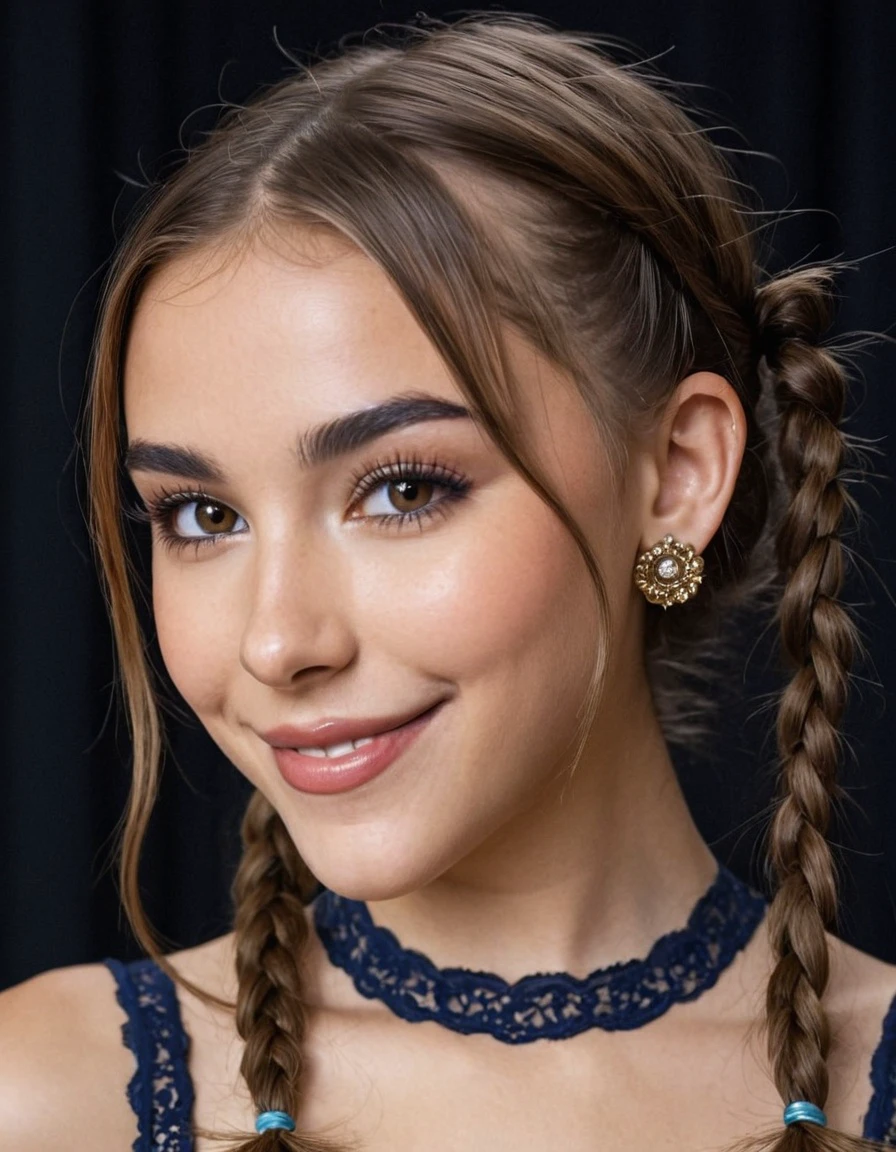 Madison, eye make up, smile, wearing dress, pigtails