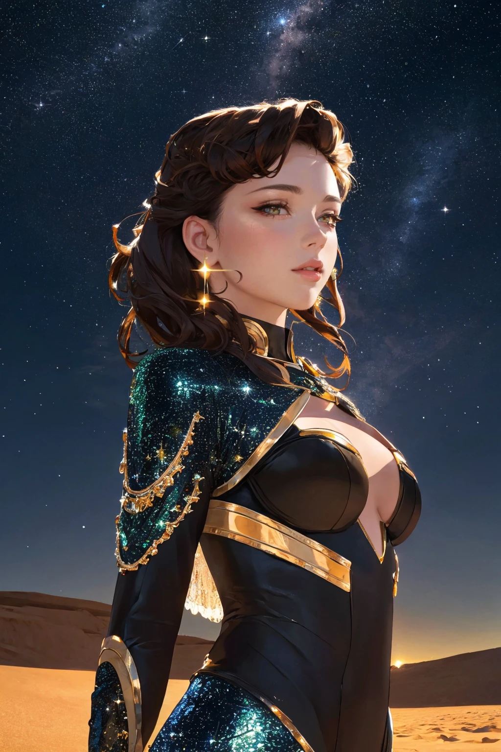 4k, 8k, ultra highres, raw photo in hdr, sharp focus, intricate texture,realistic, detailed facial features, highly detailed face, posing,perfect lighting,stars,twinkle,outdoors,space,yellow sparkles,night sky,detailed background,desert,closeup,headshot,<lora:Estelle1:0.7> Estelle1