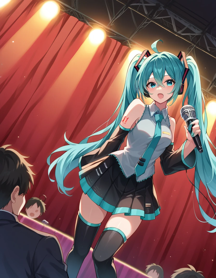 score_9, score_8_up, score_7_up, source_anime,
mikuhatsune, <lora:miku-hatsune-ponyxl-lora-nochekaiser:1>,
miku hatsune, ahoge, aqua eyes, aqua hair, crossed bangs, hair between eyes, hair ornament, headphones, long hair, twintails, mature female,
aqua necktie, black footwear, black skirt, black sleeves, boots, collared shirt, detached sleeves, grey shirt, necktie, pleated skirt, shirt, skirt, sleeveless, sleeveless shirt, thigh boots, tie clip,
indoors, stage, stage lights, concert, microphone, holding microphone, audience, singing,
looking at viewer, dutch angle, cowboy shot,