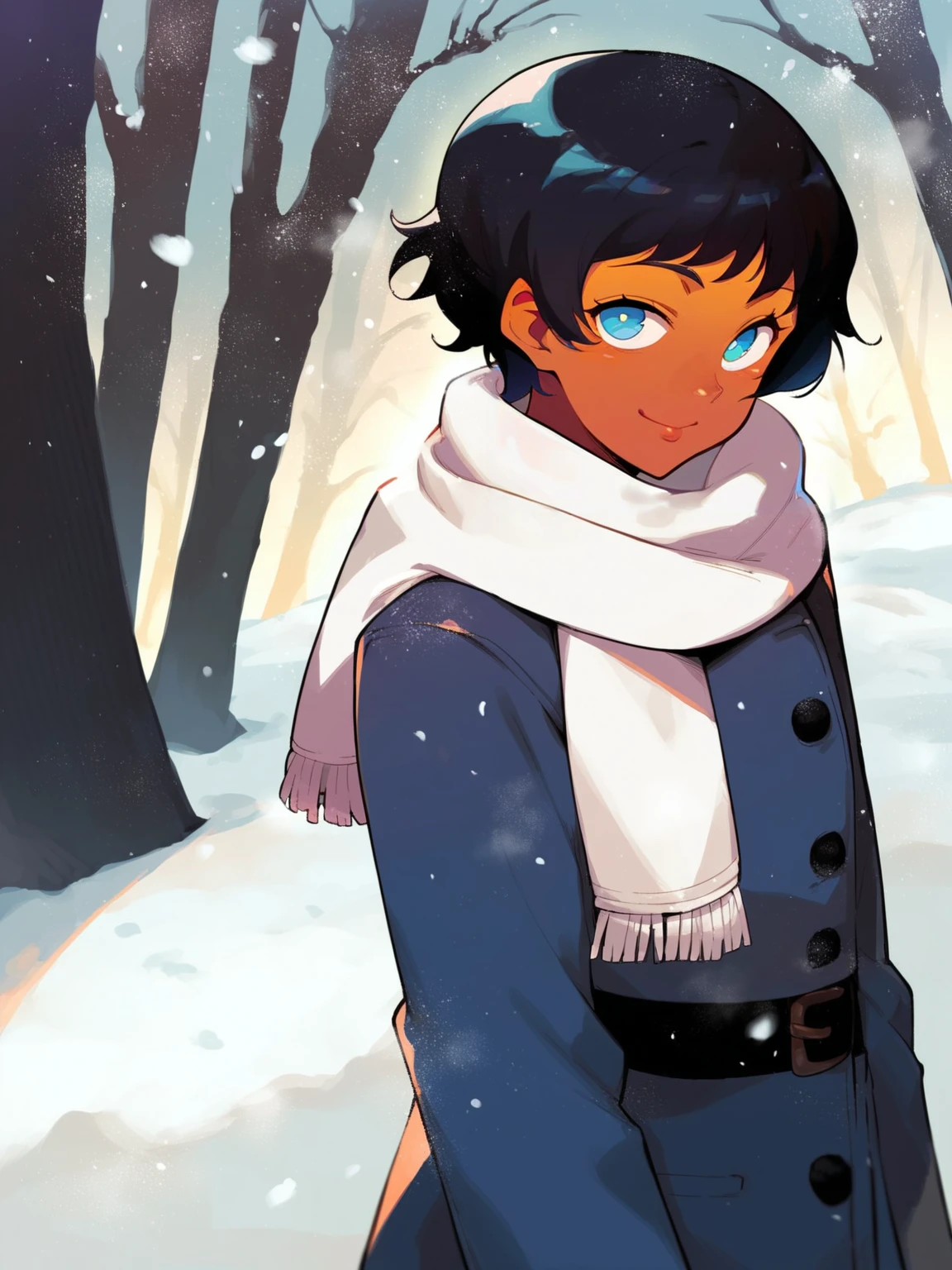 score_9, score_8_up, score_7_up, score_6_up, score_5_up, score_4_up, BREAK, source_cartoon, source_anime,
1girl, mercemarten standing outdoors in the snow during the winter, black hair, short hair, blue eyes, dark skin,
winter clothes, white scarf, coat, smile, looking at viewer, outdoors, snow, snowing, solo, tree, winter <lora:MercedesMartenXL:1>