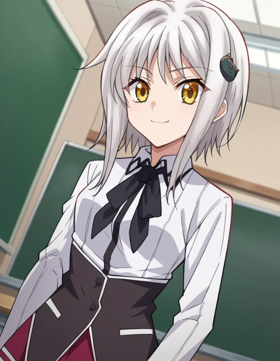score_9, score_8_up, score_7_up, source_anime,
konekotoujou, <lora:koneko-toujou-ponyxl-lora-nochekaiser:1>,
koneko toujou, short hair, hair ornament, yellow eyes, white hair, smile,
skirt, school uniform, shirt, white shirt, collared shirt, neckerchief, black neckerchief, long sleeves, red skirt,
indoors, classroom,
looking at viewer, dutch angle, cowboy shot,
