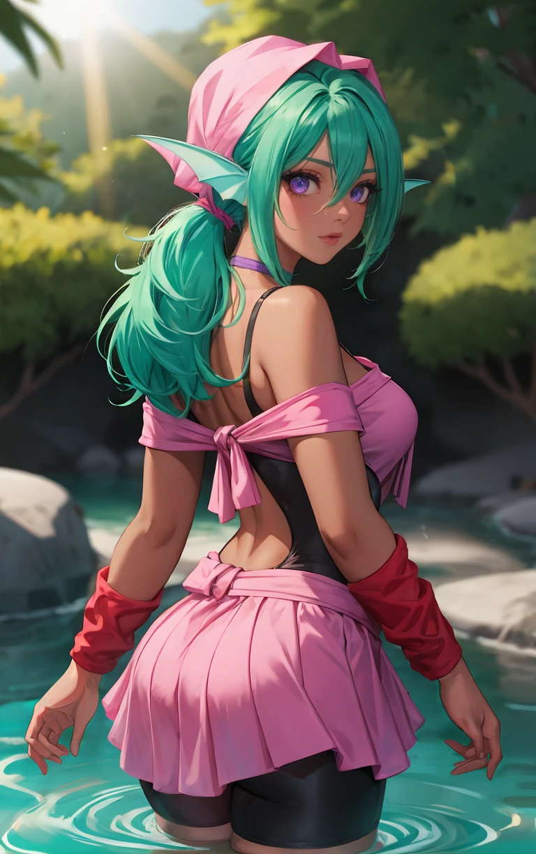 ((masterpiece, best quality)), insaneres, absurdres, solo, looking at viewer, 
MainOutfit_Juri_ownwaifu, 
1girl, fish girl, green hair, green lips, head fins, ribbon choker, dark skin, dark-skinned female, bandana, long hair, makeup, purple eyes, lipstick, ponytail, collarbone, eyeshadow, hair between eyes, purple choker, medium breasts, bangs,  fish tail, aqua hair, eyelashes,
bodysuit, navel cutout, arm warmers, clothing cutout, midriff, bare shoulders, choker, bike shorts, monster girl, leg warmers, navel, off shoulder, cleavage, loose socks, black dress, purple bow, black bodysuit, crop top, wristband, center opening, pink shirt, sash, pink skirt, skin tight, 
(wading, looking back), waterfall, <lora:ANIME_YuYuHakusho_Juri_ownwaifu:0.75>,
lens flare, depth of field, bokeh, embers, vanishing point,