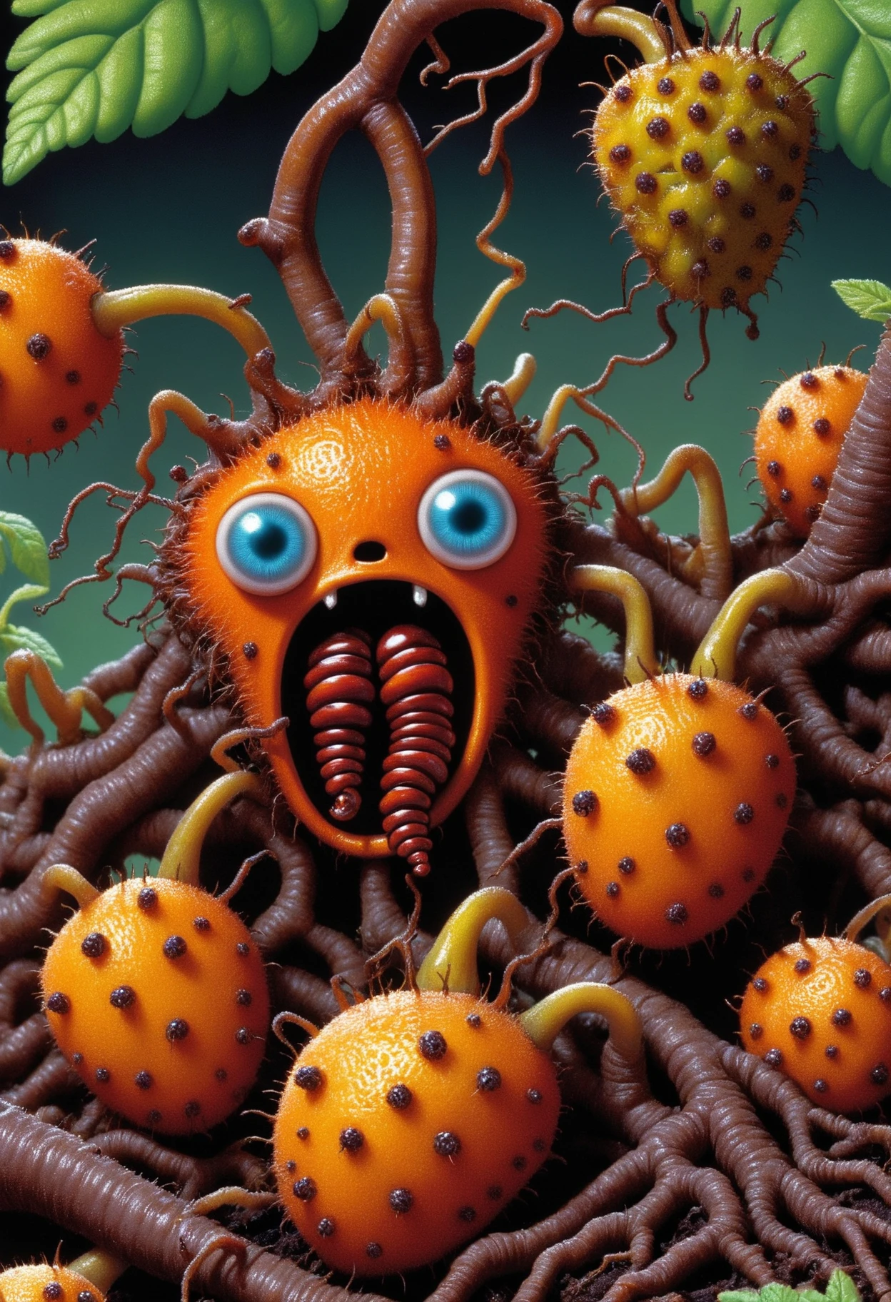 DonM8u663dXL, text "BUGGED!", delicate brown clump-forming vining plant, slimey texture root-like prickle, furrowed, quinacridone burnt orange accessory fruit fruit, furrowed-grooved, polysepalous, fasciculate, <lora:DonM8u663dXL-000008:1>