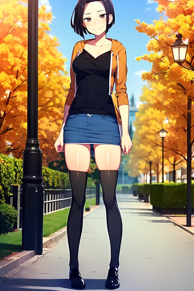 (masterpiece, best quality), 1girl, solo, looking at viewer,
 <lora:Angry Ex-GF (Stopman):0.8>,
angryexgf, (red eyes:0.7), brown eyes, black hair, short hair, bob cut, forehead, sidelocks, parted hair, tsurime, medium breasts,
(orange hoodie, hood down, blue pencil skirt, mini denim skirt, black thighhighs, black undershirt), (sleeves past elbows, collarbone, white trim),
smile, closed mouth,
cute pose,
full body,
nature, lampost, tree, park