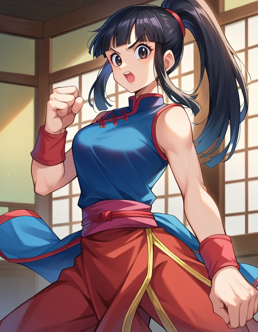 score_9, score_8_up, score_7_up, source_anime,
dragonballchichi, <lora:dragonball-chichi-ponyxl-lora-nochekaiser:1>,
chi chi, black eyes, black hair, long hair, hime cut, blunt bangs, sidelocks,
bare arms, blue dress, china dress, chinese clothes, dress, high collar, obi, pants, ponytail, red pants, red sash, red wristband, sash, side slit, sleeveless, sleeveless dress, wristband,
indoors, dojo, fighting stance, open mouth,
looking at viewer, dutch angle, cowboy shot,