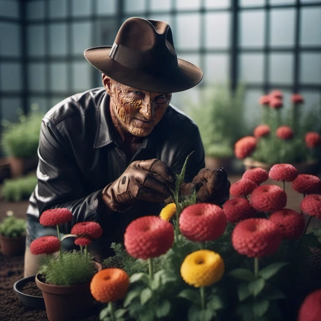 cinematic photo a man with a hat is gardening flowers <lora:FreddyKrueger1024:0.8> . 35mm photograph, film, bokeh, professional, 4k, highly detailed