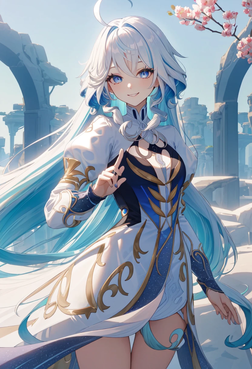 best quality,masterpiece,highres,solo,<lora:genshin_107_v1:1>,1girl, absurdres, aftamc, ahoge, blue_eyes, blue_hair, colored_inner_hair, commentary_request, cowboy_shot, dress, focalors_\(genshin_impact\), grin, hair_intakes, highres, juliet_sleeves, looking_at_viewer, solo, spoilers, standing, very_long_hair, white_hair