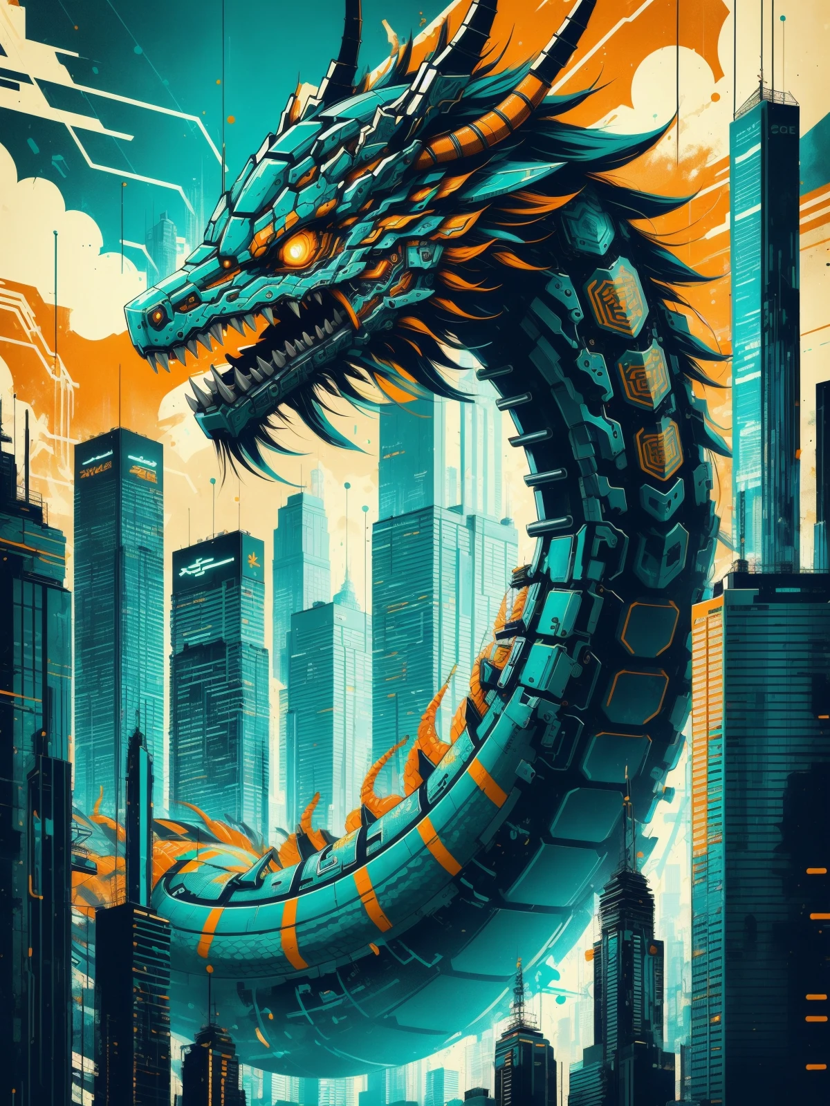 snake coiled around highrise, head of dragon, mad-cbrpnksplshrt, teal and orange<lora:Splash_Art_SD1.5:0.7>, (masterpiece:1.2), best quality, (hyperdetailed, highest detailed:1.2), high resolution textures