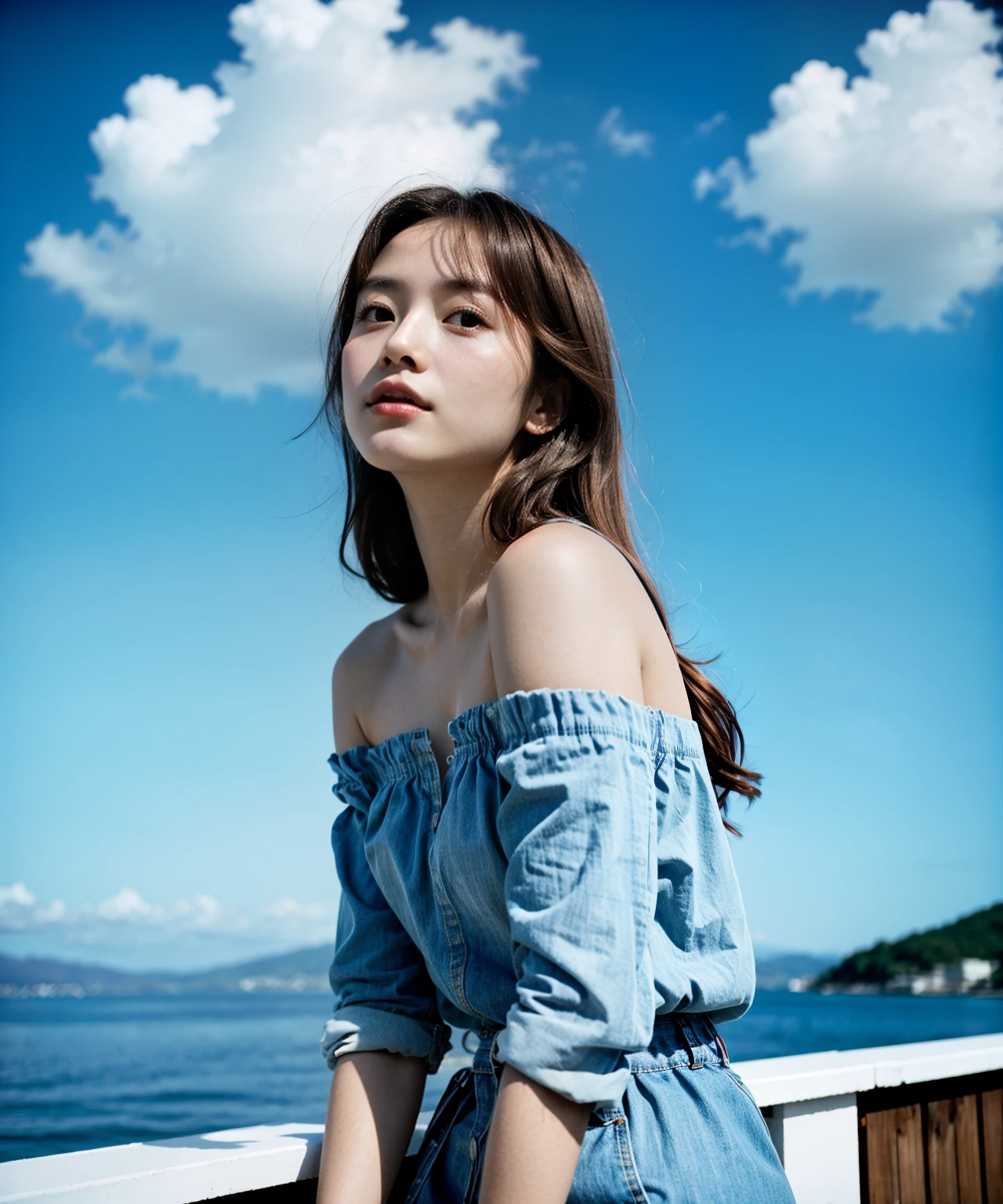 Best quality, masterpiece, film grain, photo by fuji-proplus-ii film, full-length portrait, high angle, raw photo of 20 years old woman in off-shoulder, waist up, deep blue sky, cloudy sky, outdoor, high key light, soft shadow, dark theme,
<lora:hinaFilmFujiProPlusII_v1:0.6>