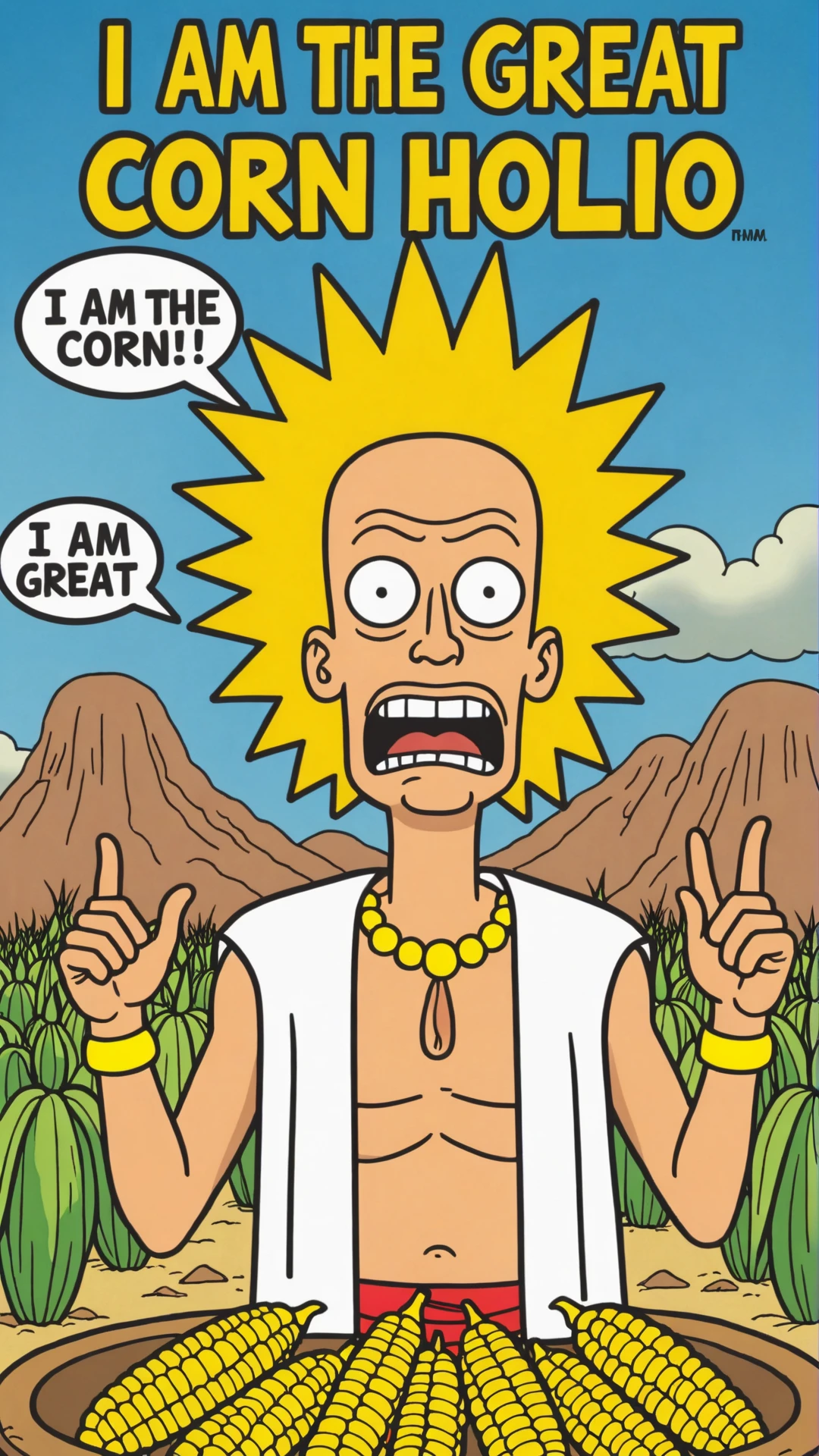 Photo of Beavis as holy shaman cornholio outside with text bubble that says "i am the great corn holio"