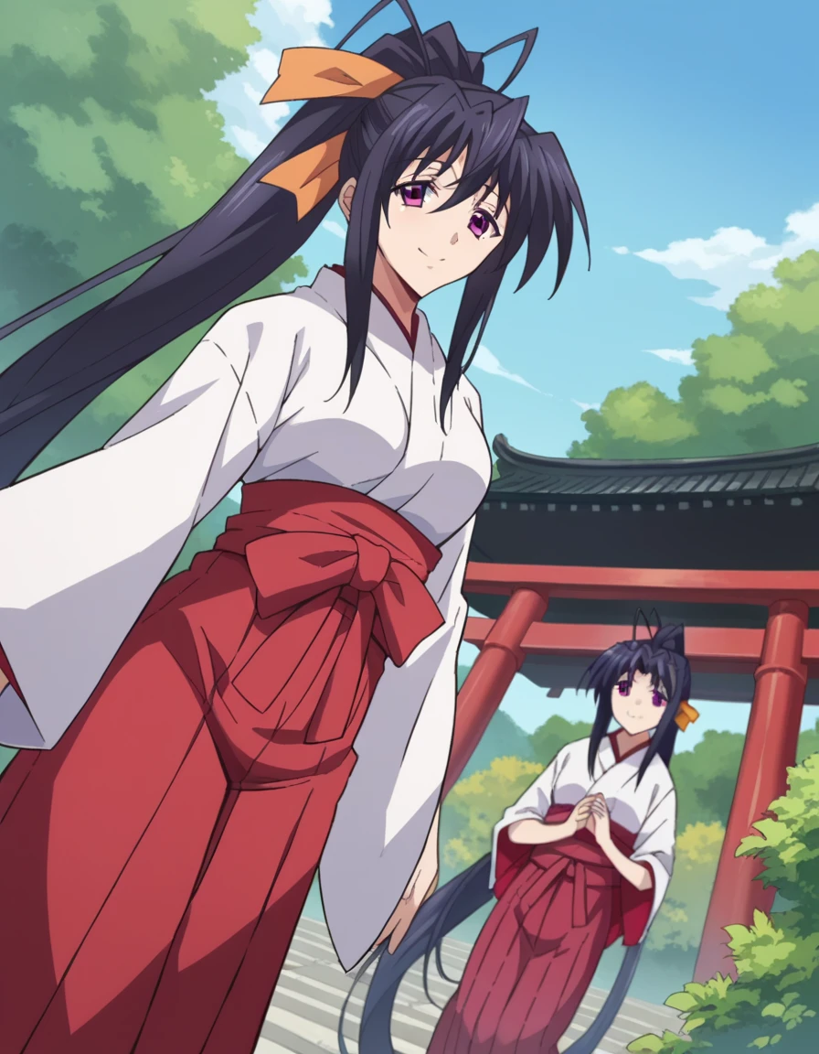 score_9, score_8_up, score_7_up, source_anime,
akenohimejima, <lora:akeno-himejima-ponyxl-lora-nochekaiser:1>,
akeno himejima, long hair, black hair, ribbon, very long hair, purple eyes, hair ribbon, ponytail, antenna hair, smile,
japanese clothes, hakama, red hakama, miko,
outdoors, shrine,
looking at viewer, dutch angle, cowboy shot,